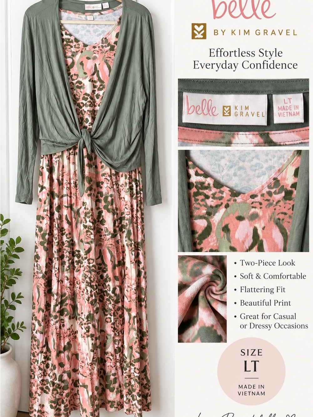 Belle by Kim Gravel Pink and Olive Two-Piece Maxi Dress with Tie-Front Top New L